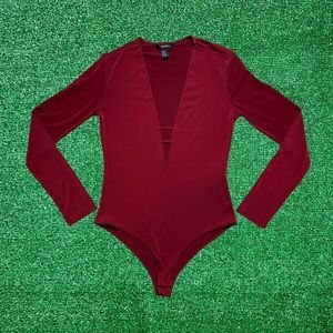 Chic Red Forever 21 Bodysuit Long Sleeve Deep V Neckline